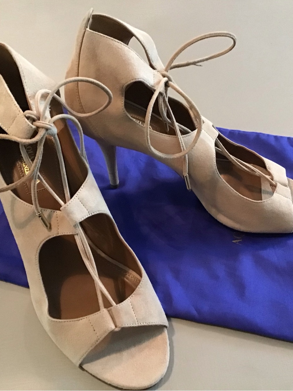 Aquazzura Nude Suede Lace-Up Open-Toe Stilettos